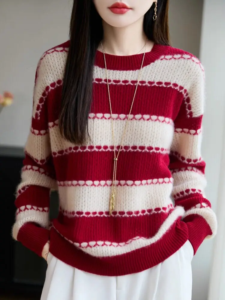 

Thiened Woolen Sweater Women's Lazy Sle Knitted Inner Wear Top Striped Comfortable Soft Commute Sle Long Sve Sweater