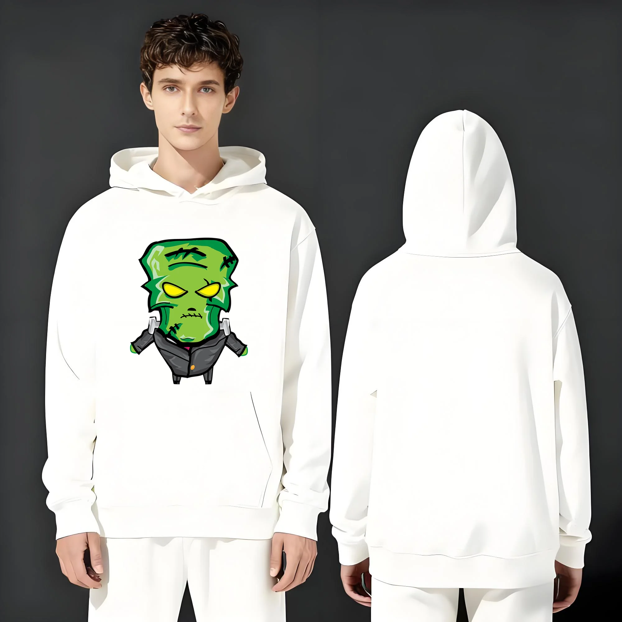 في عام 2025، العلامة التجارية الجديدة ذات القلنسوة الثقيلة 330 جرام لملابس الشارع للرجال والنساء مع طباعات عصرية على شكل وحش الهالوين #1