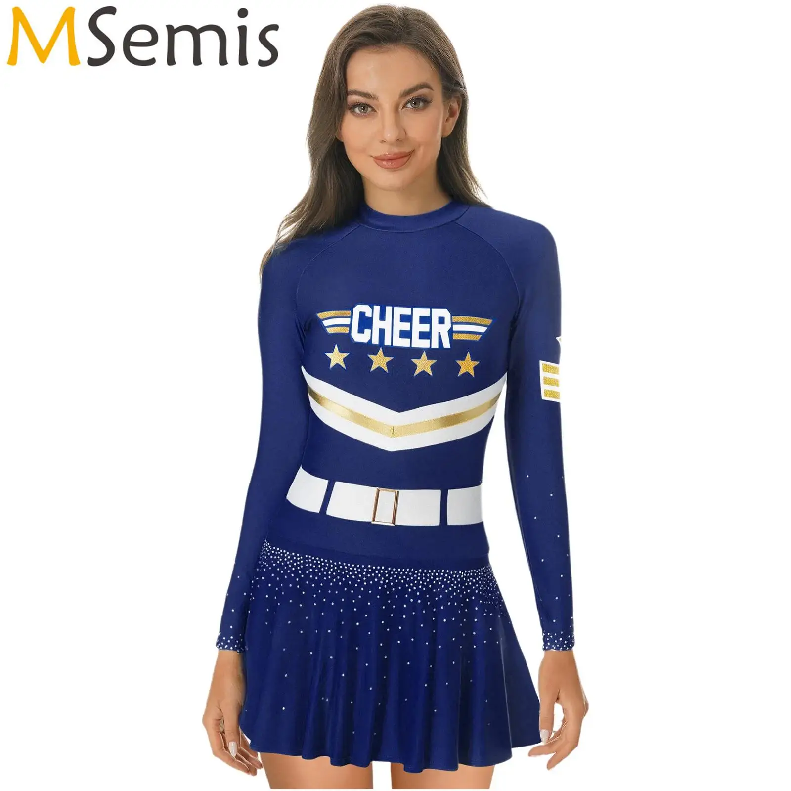 

Womens Glittery Rhinestone Cheerleading Uniform Cheerleader Costume Embellished Long-sleeve Modern Dress Cheering Dance Outfit