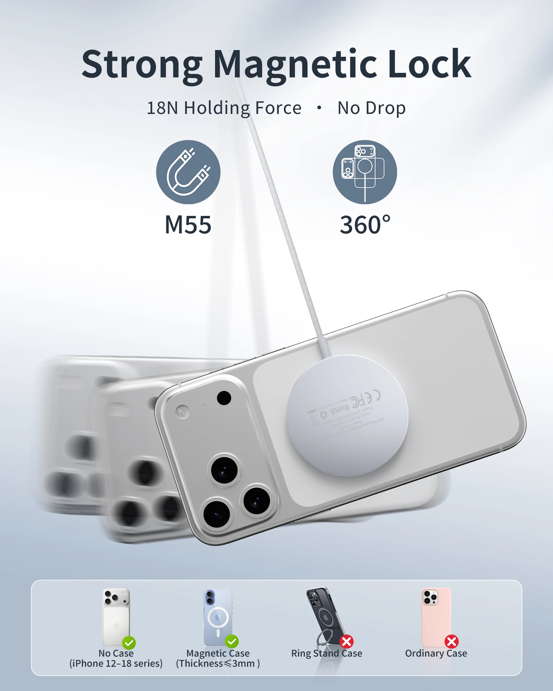 Qi2.2 Certified 25W Aluminum Alloy Magnetic Wireless Charging Stand comes white with a 1.5-meter cable and a 25W EUR adapter