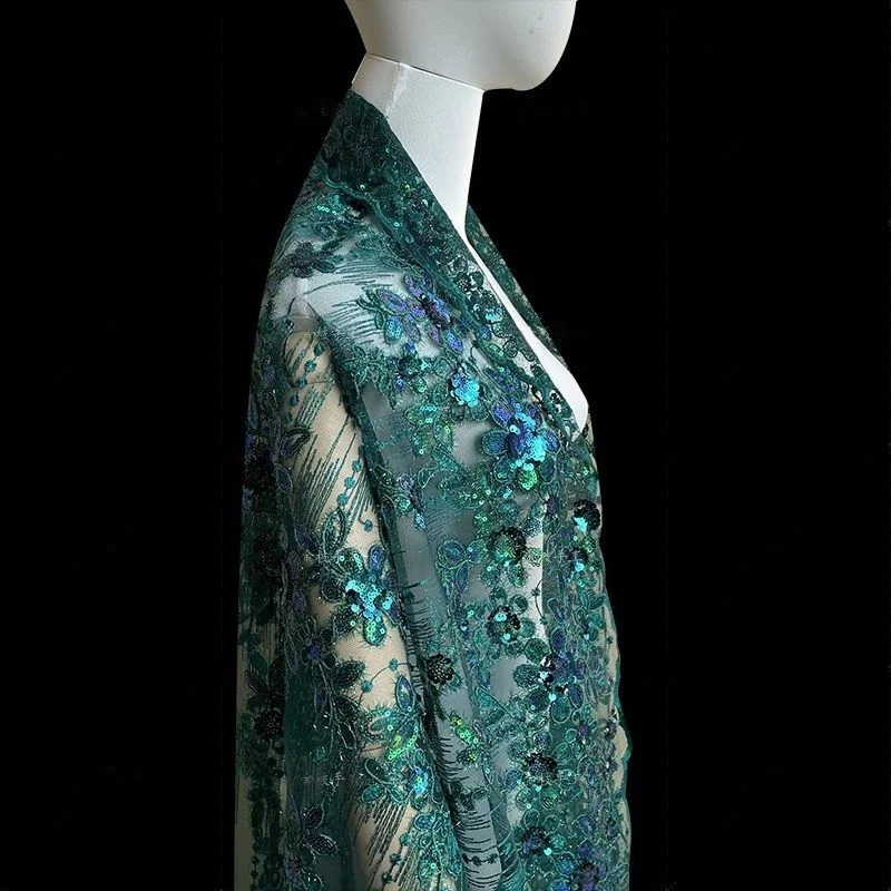 Dark green mesh embroidery lace fabric sequin embroidery sewing cheongsam evening dress high-end jacquard clothing fabric