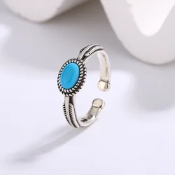 925 Sterling Silver ellipse Turquoise Adjustable Rings For Women Wedding Vintage Luxury Jewelry Argent 925 GaaBou Jewellery