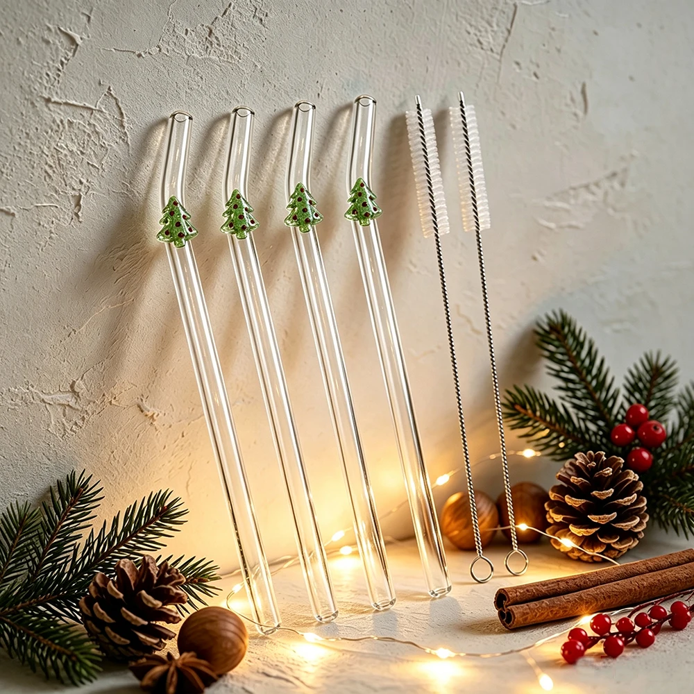 4Pcs Christmas High Borosilicate Glass Straws Reusable Drinking Straw Set with 2Pc Brush for Smoothies Tea Juice Bar Accessories