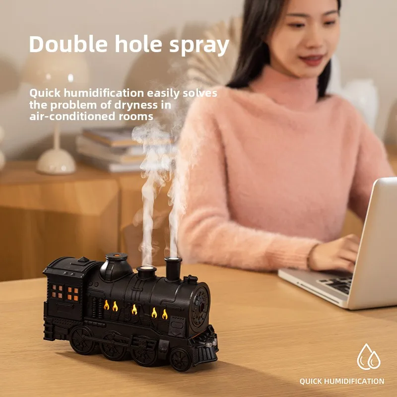 Retro Locomotive Jellyfish Spray Ring Ultrasonic Aromatherapy Machine Double Spray Port Flame Small Train Humidifier