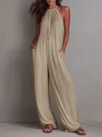 Women Halter Neck Off Shoulder Jumpsuit Sleeveless Loose Wide Leg With Pockets Casual Summer Beach - Image 3