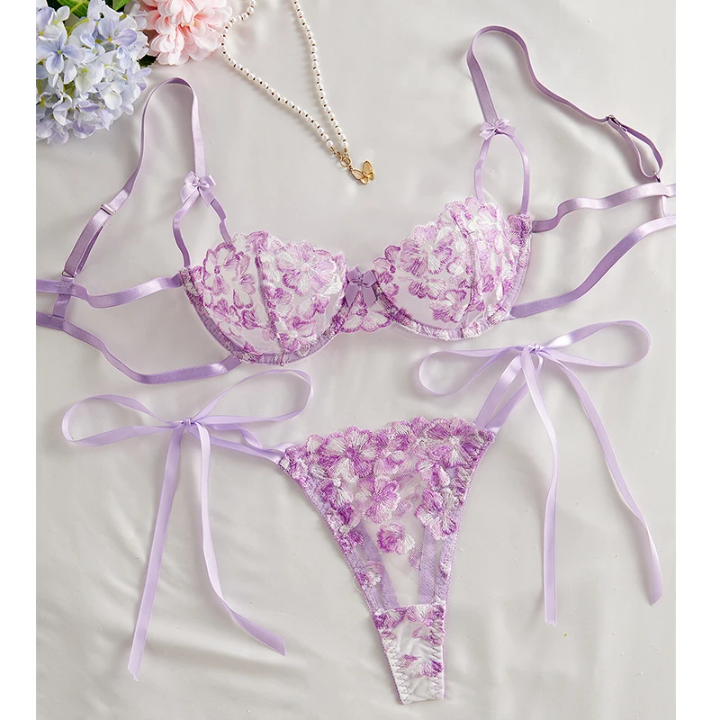 

Sexy Girl Purple Lingerie Set Floral Embroidery Female Underwear Lingerie Ultra Hot Fantasy Bra Panty Set See Through Lingerie