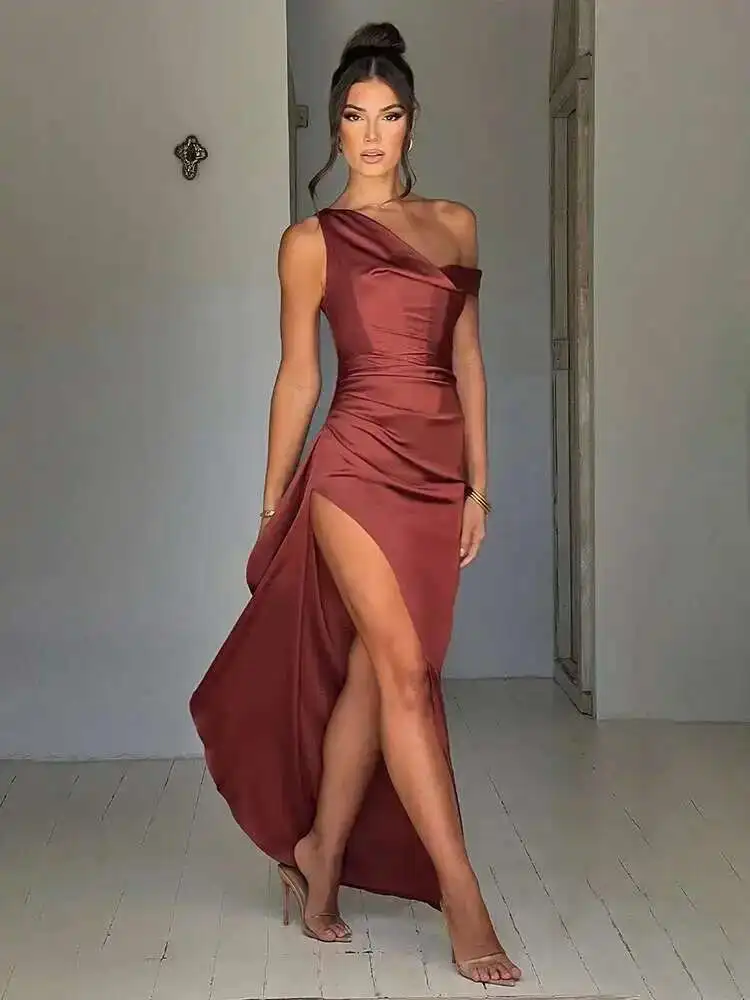 Avrilyaan Vestido largo maxi elegante irregular con volantes de satén Vestido de verano de un hombro 2025, vestidos de fiesta sexys para club nocturno con abertura alta