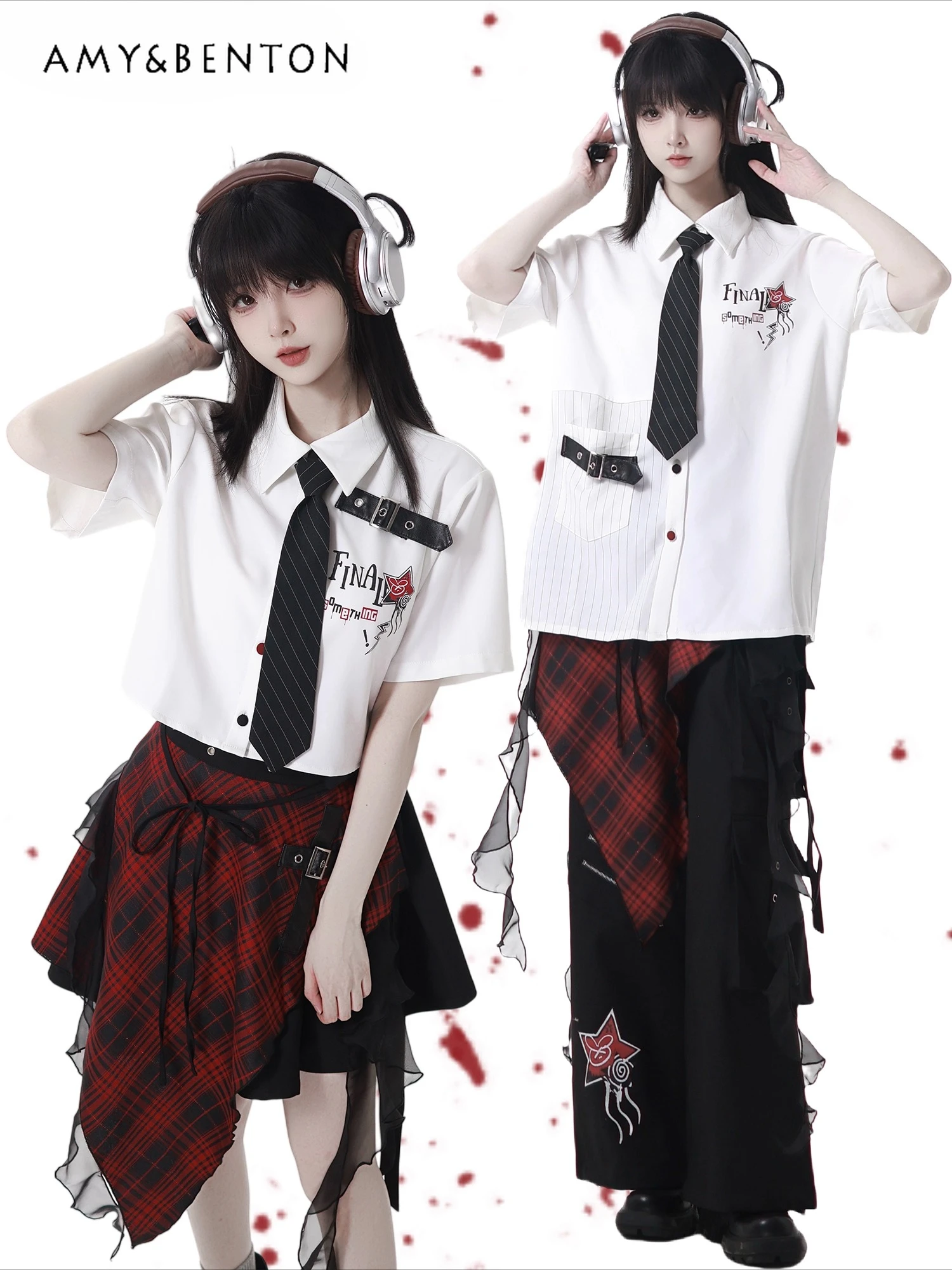 

Preppy Style Sweet Cool Girl Gothic Red and Black Contrasting Color Long-sleeved Shirt Fashion Slim Irregular Pants Skirt Sets