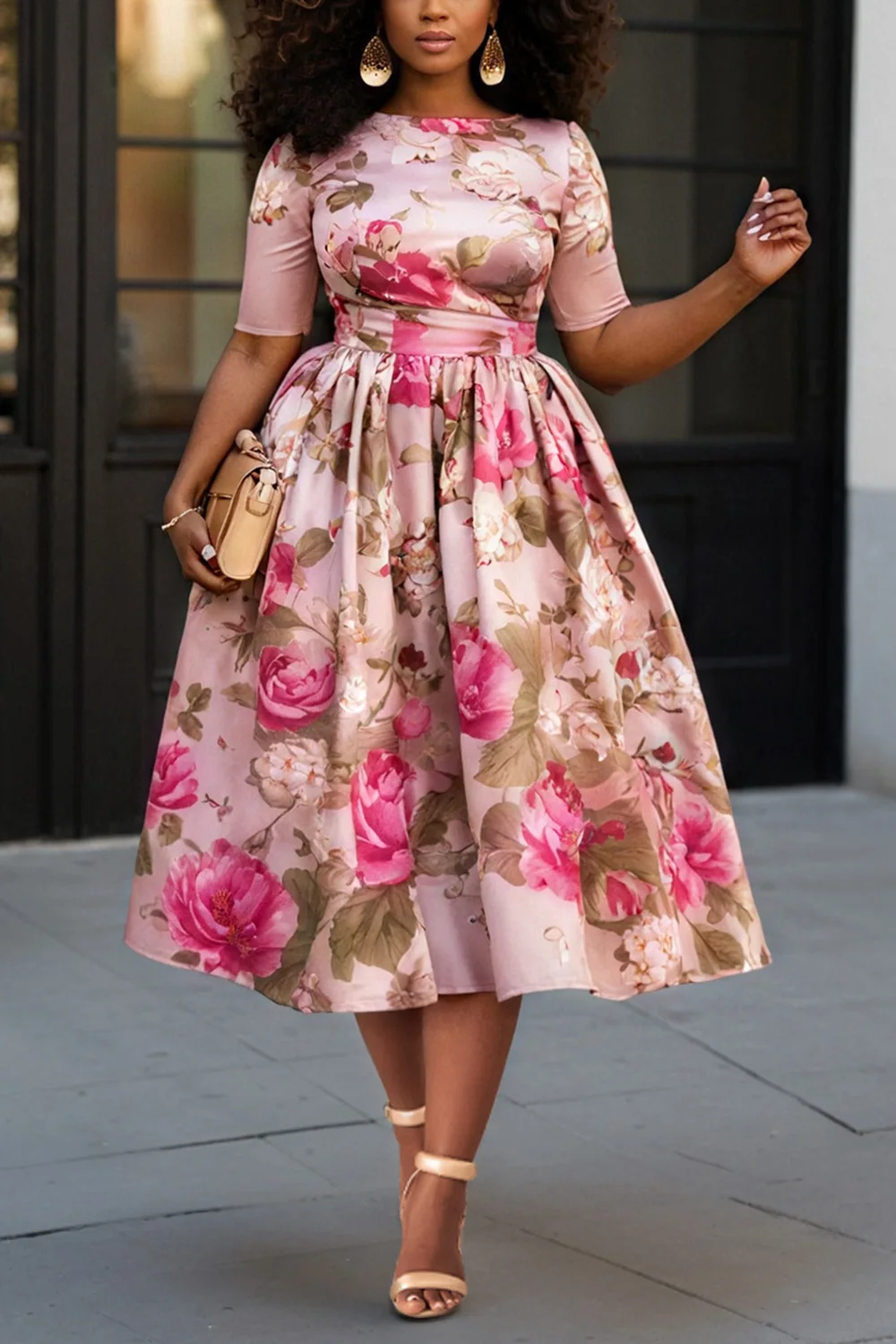 بالإضافة إلى حجم ضيف حفل زفاف الوردي أنيقة الأزهار جولة الرقبة قصيرة الأكمام جيب الساتان فساتين متوسطة الطول #2