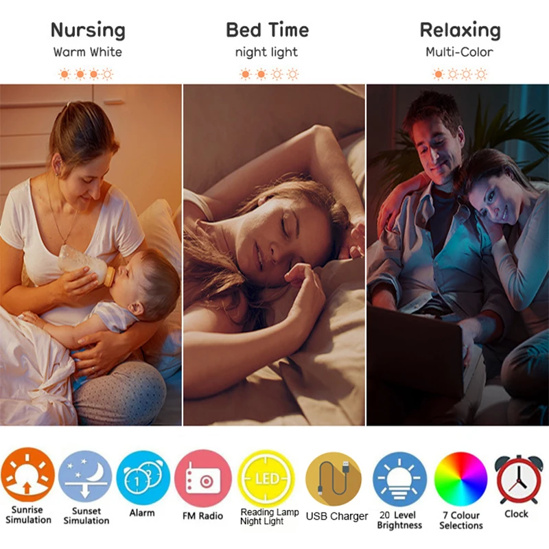 Luces de despertar coloridas simuladas amanecer y puesta de sol luces de ambiente RGB lámpara de noche para dormitorio para luz nocturna de sueño