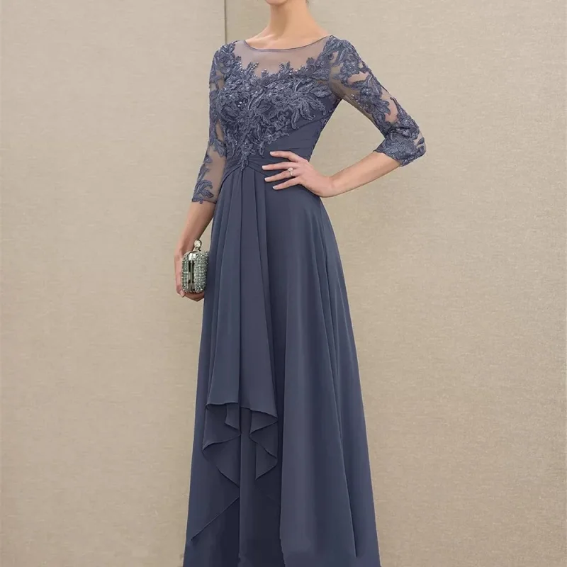 Elegant crew-neck A-line Evening gown Chiffon lace Mother of the Bride gown Layered ruffled gown