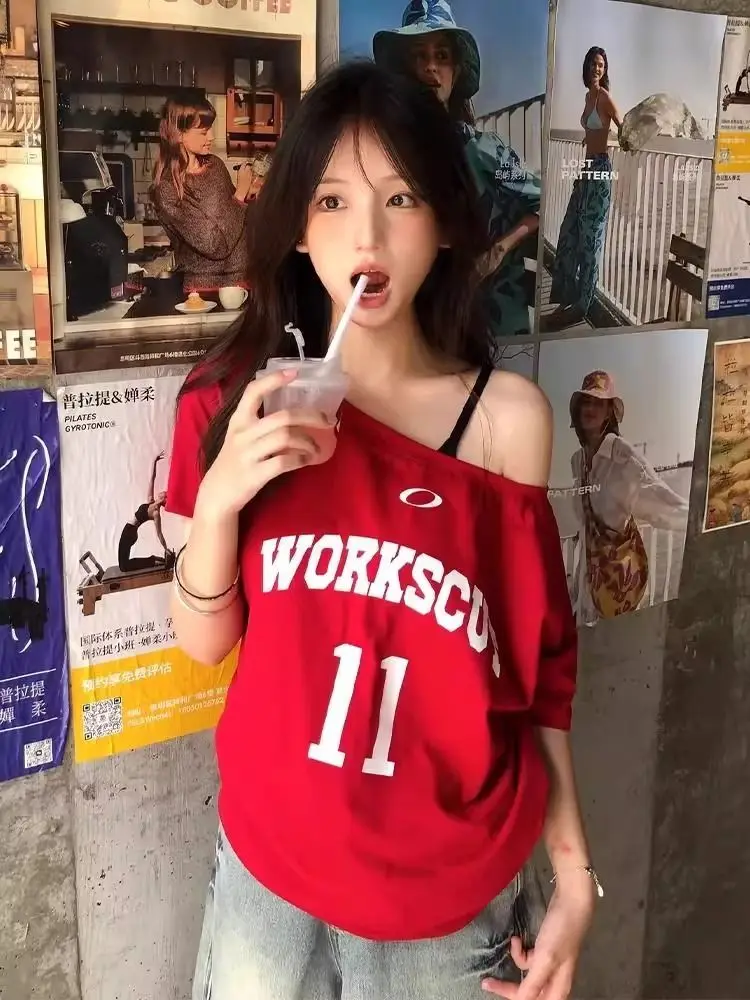 

Red off-shoulder T-shirt women's summer short-sleeved cotton top t shirt vintage clothes women clothes