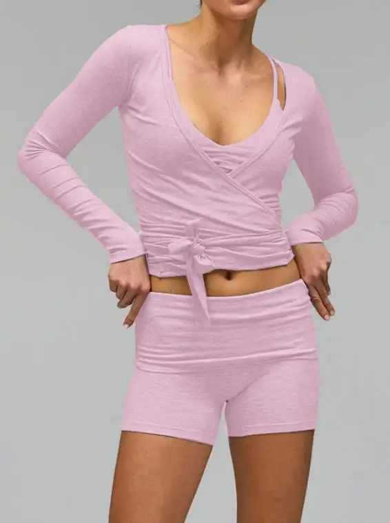 

Sports Style Long Sleeved T-Shirt Shorts Women's Two-Piece Set Women's Clothing 2025 Autumn and Winter