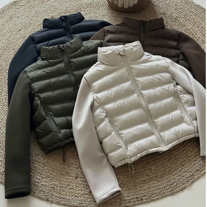 Solid Padded Quilted Women Jackets Zipper Stand Collar Windproof Autumn Winter Warm Filled Short Spliced Long Sleeve Outerwear