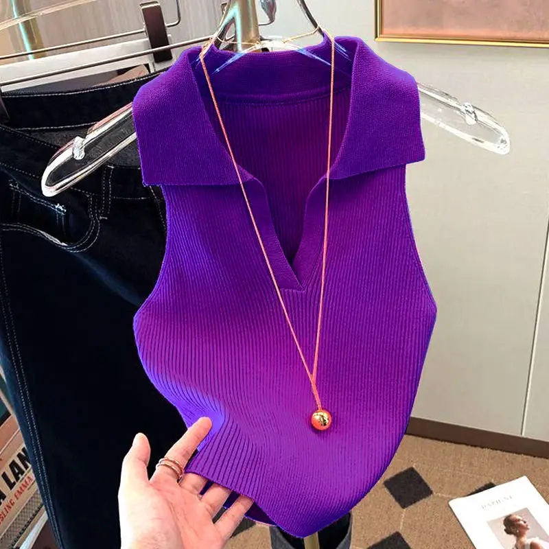 

Women's Tank Top Ice Silk Shirt Women's 2025 Summer Wear Knitted Vest New Style Fashion Slim Lapels Sleeveless Knitwear