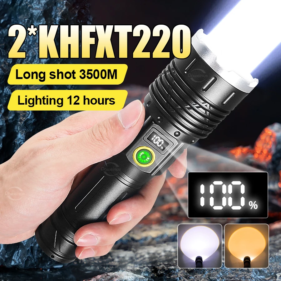 

2*KHFXT220 Powerful LED Flashlight White/Yellow Light 5mode Super Bright Long Range Torch USB Rechargeable Zoom Tactical Lantern