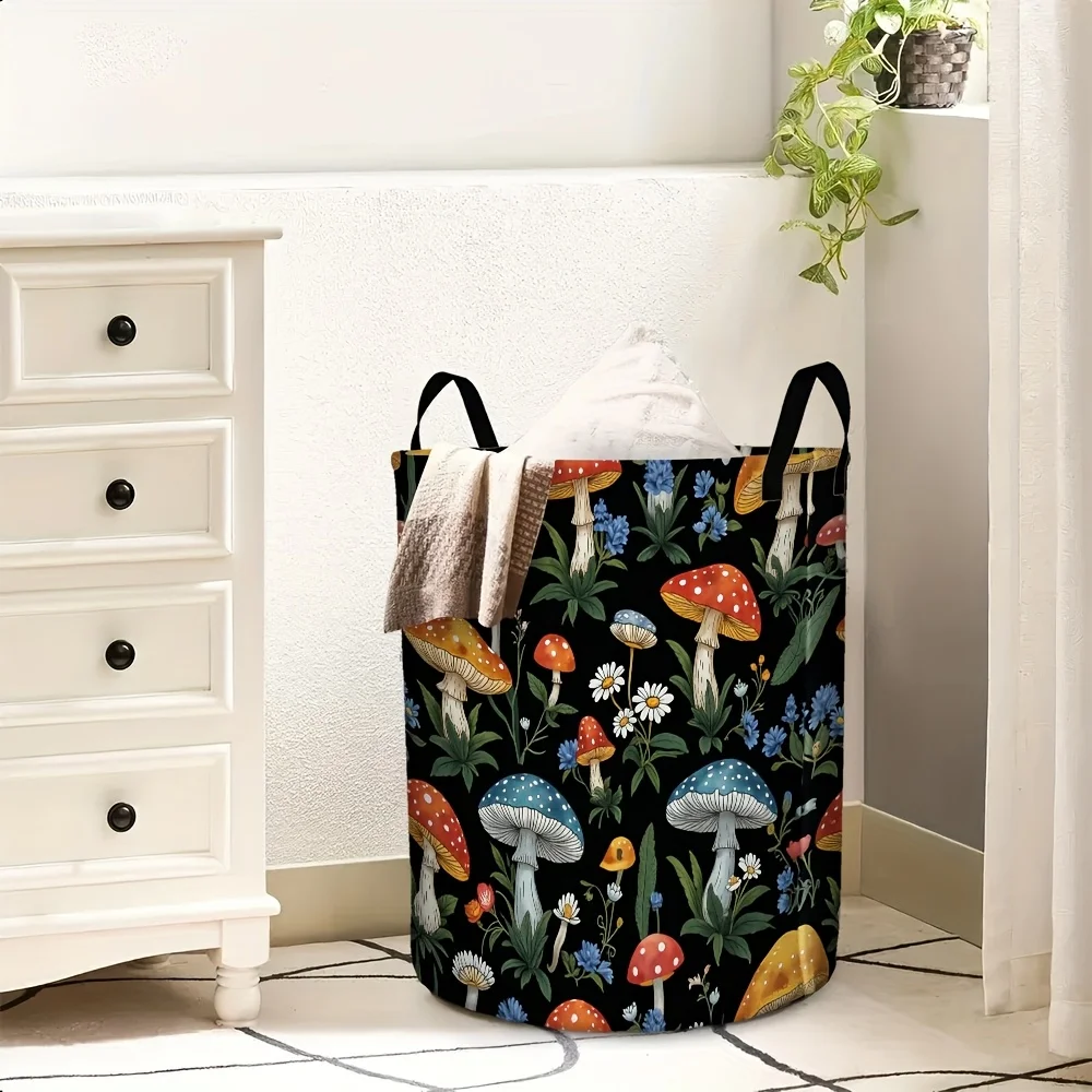 1 قطعة سلة غسيل قابلة للطي على شكل فطر ميدلي مع مقبض سلة تخزين متينة خفيفة الوزن، تصميم طباعة زهور الفطر النابضة بالحياة