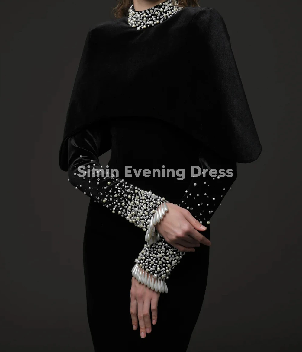 Simin Aangepaste vrouwen Hoge Hals Parels Kralen Gemorst Luxe Avondjurken Met Lange Mouwen Schede Elegante Jurken 2025