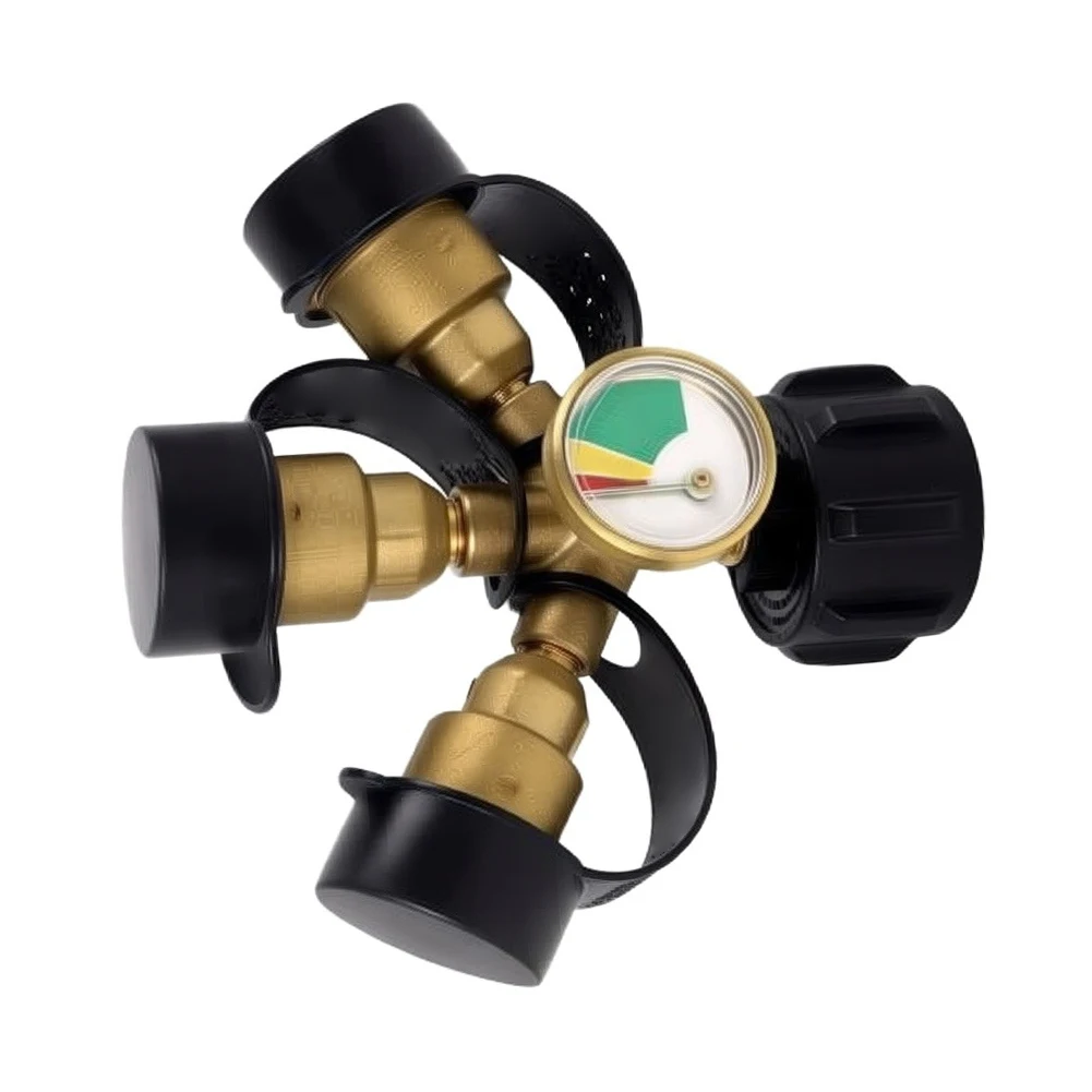 3 Way Brass Propane Splitter with Pressure Gauge Display and Leak Detection for BBQ RV Camping Cooking Equipment