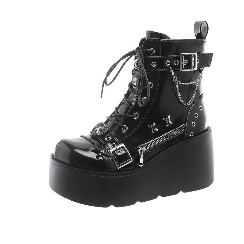New Designer Women Platform Gothic Ankle Combat Boots Rivet Chain Wedges Punk Cosplay Zip Booties Autumn Winter Motorcycle Shoes