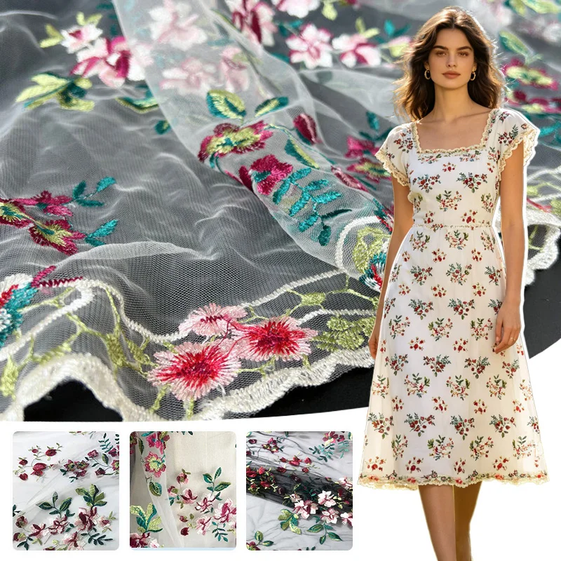 

Vintage Floral Leaf Embroidered Tulle Lace Fabric Soft Sheer Mesh Fabric for Designer Dresses Wedding Decor Sewing Cloth