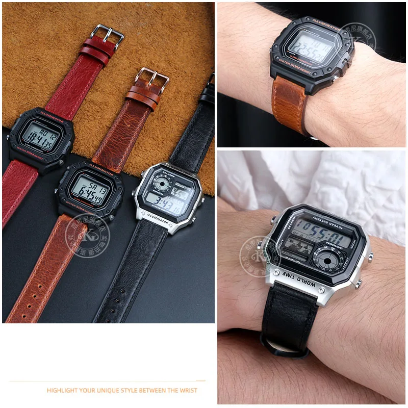 High Quality Genuine Leather Watchband For Casio A158W/A168/f91w/AE-1200WHD/A158/A159/A169/AE1200 Modified Retro Watch Strap 18