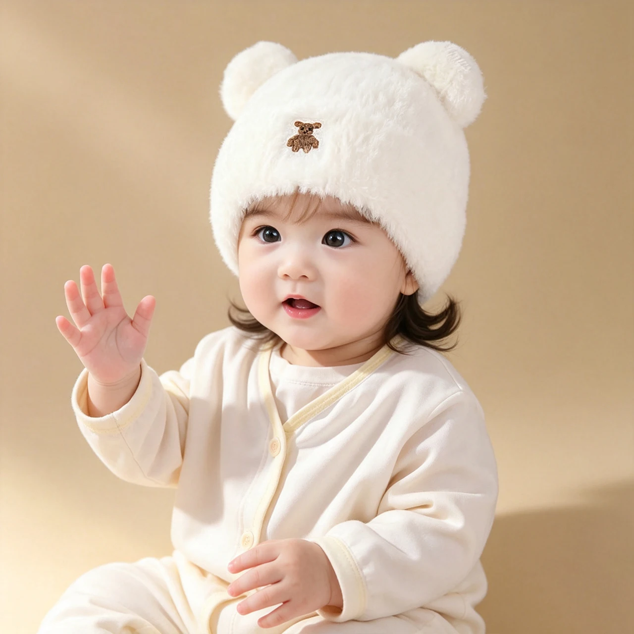 Bild 4: Niedliche Bären-Plüschmütze für Kinder, Verdickte Samt-Babyohrenschutzkappe, 6-24 Monate Kleinkind-Mützen, Winter-Warme Säuglings-Pullover-Mützen