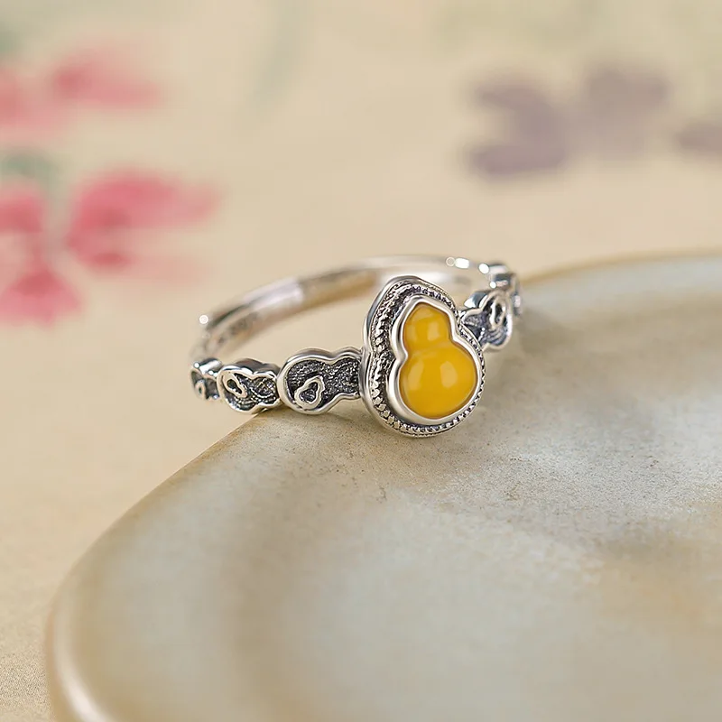 

Amber S925 Sterling Silver Gourd Fortune Tooth Pattern Style Ring