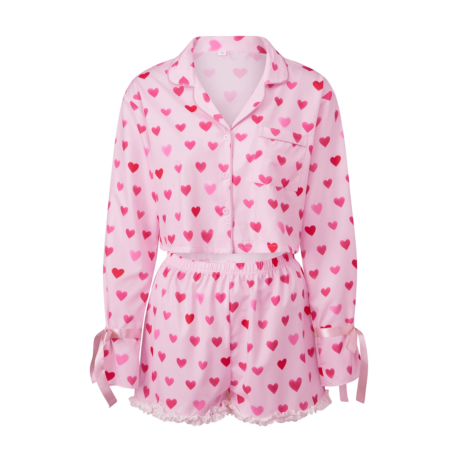 

Женский пижамный комплект с принтом Love Heart на пуговицах с лацканами и V-образным вырезом, рубашка с длинными рукавами, топы, шорты с кружевной отделкой, комплект одежды для сна