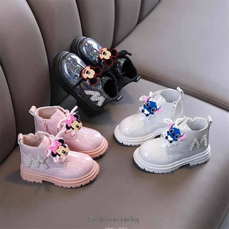 Boys Girls Single Boots Lilo And Stitch Beads Pink England Style Children Short Boots Baby Non-slip Wear-resistant Footwear