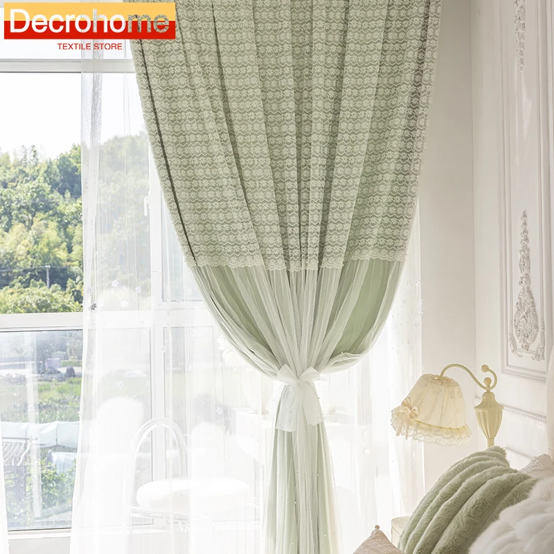 

French Double-layer Cloth Yarn Integrated Princess Room Curtains for Living Room Bedroom Dining Custom Size Decoration Drapes