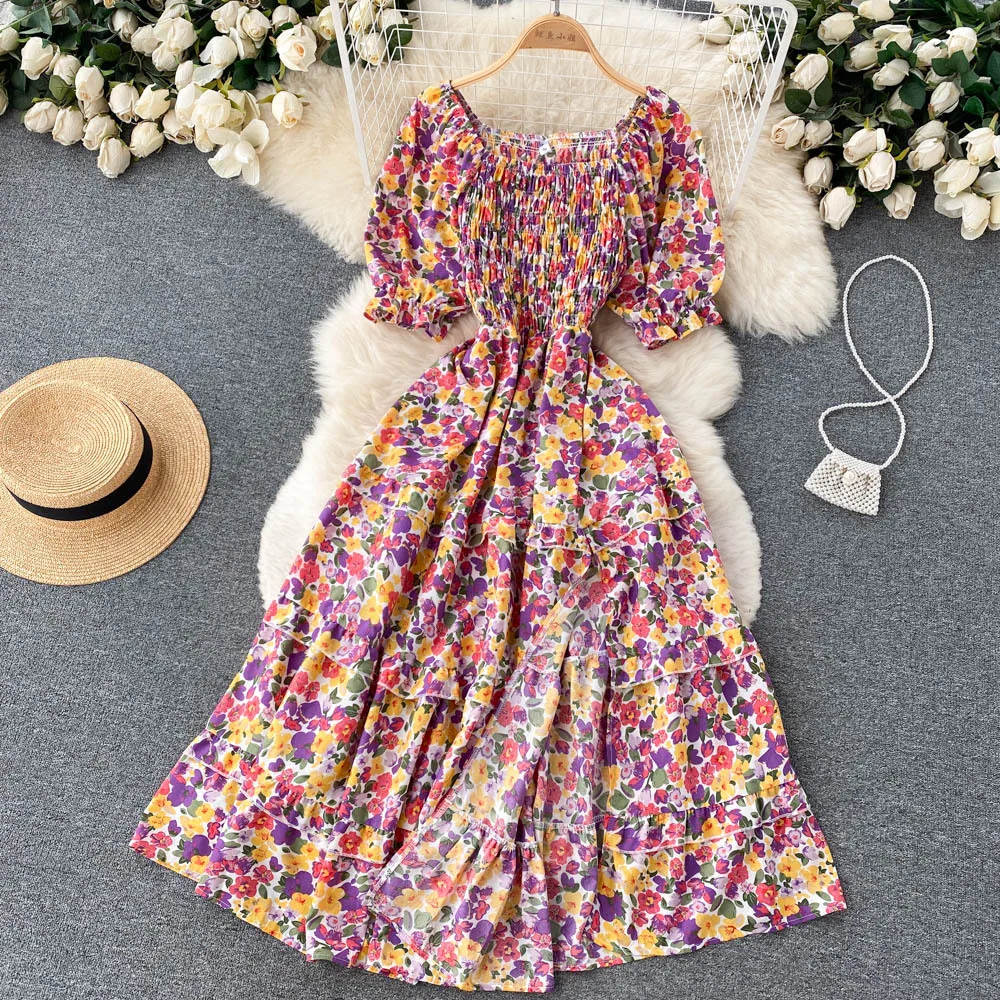YuooMuoo-vestido largo estampado con cintura elástica para mujer, con abertura en forma de A prenda de vestir, manga abombada, Estilo Vintage, ropa de playa para verano
