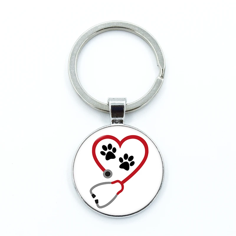 I love Veterinary Medicine Nurse Keychain Animal Doctor Keyring Glass Gem Pendant Men and Women Fashion Charm Jewelry