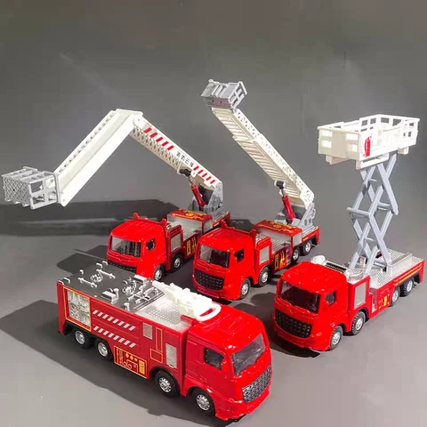 1:55 Diecast Fire Truck Model Simulation Pull Back Ladder Fire Fighting Rescue Car Inertial Toys Children Firefighter Truck