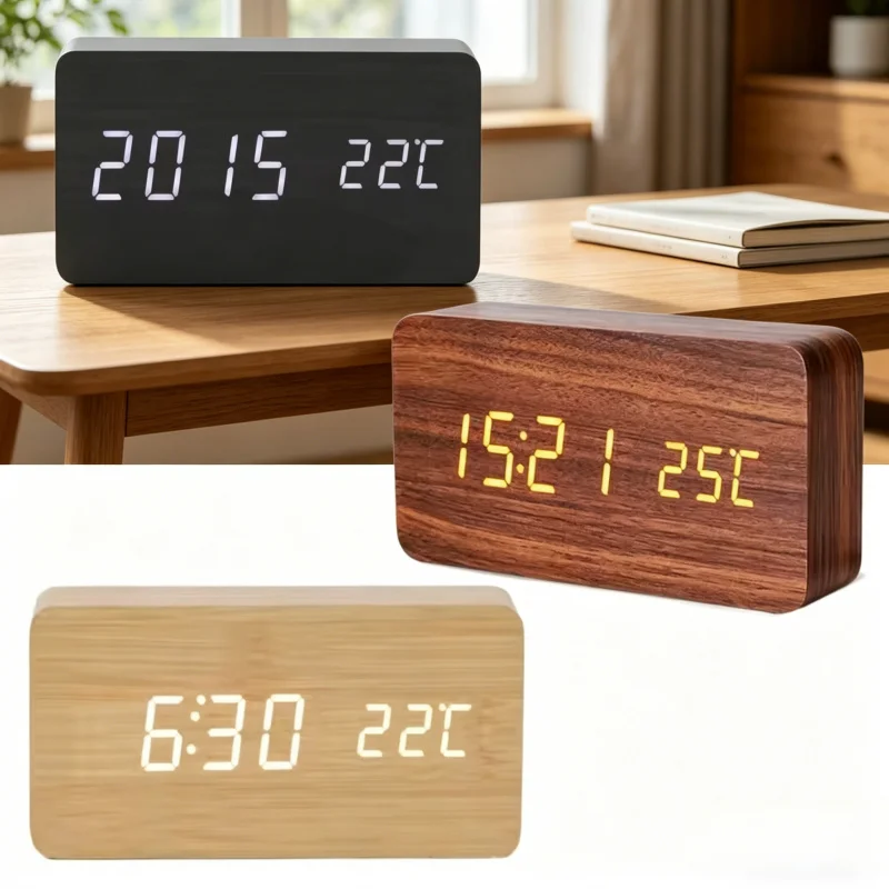 Reloj Despertador Luminoso de Madera, Reloj de Escritorio Rectangular con Pantalla LED Digital, Reloj de Mesa Electrónico Multifunción con Temperatura