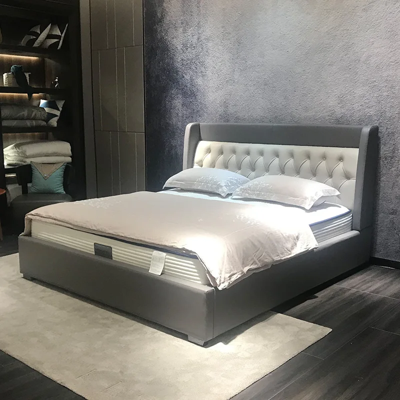 

Italian minimalist Napa high-end leather bed high on the head of the bed