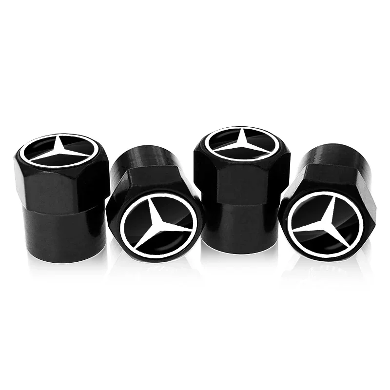 For Mercedes Benz AMG W203 W206 W220 W205 Smart W211 W212 W201 4Pcs Metal Car Logo Wheel Tire Hex Valve Caps Stem Case Covers