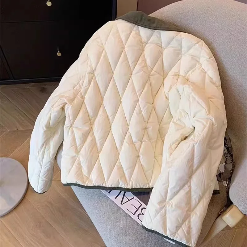 Veste légère en coton pour femme, manteau matelassé court ample à grille de diamant, vêtement d'extérieur à revers simple boutonnage, automne-hiver, W1570