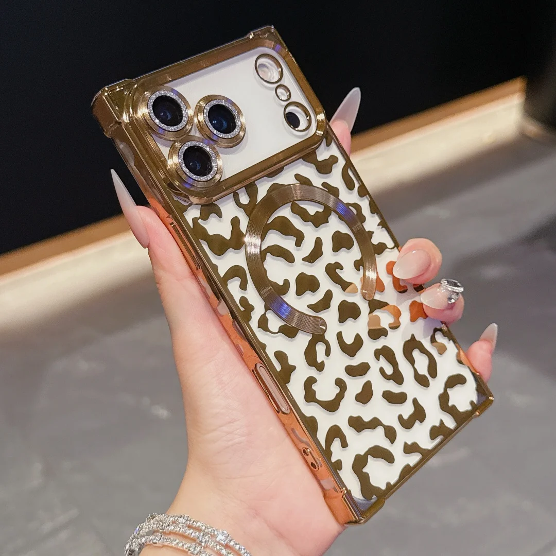 

Leopard Print Clear Phone Case For iPhone 17 Air 16 15 14 13 12 11 Pro Max Plus Plating Magsafe Magnetic Wireless Charge Cover