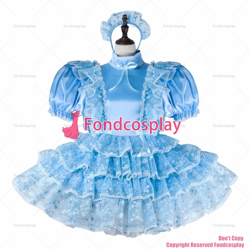 fondcosplay adult sexy cross dressing sissy maid short blue satin dress lockable Uniform cosplay costume CD/TV[G2269]