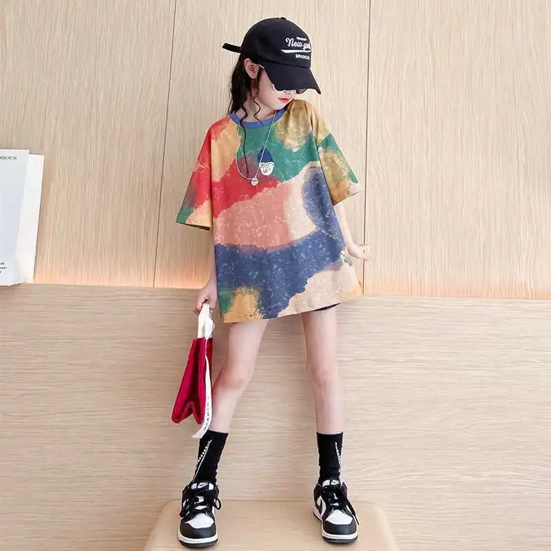 

Летние детские футболки 2026 года в стиле тай-дай для девочек, с коротким рукавом, с мультяшными принтами, для подростков 10, 12, 13, 14 лет