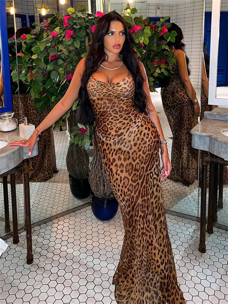 Leopard Print V-Neck Sexy Bodycon Long Dress Women Lace Up Backless Summer Dresses Female Straps Nightclub Party Beach Vestidos