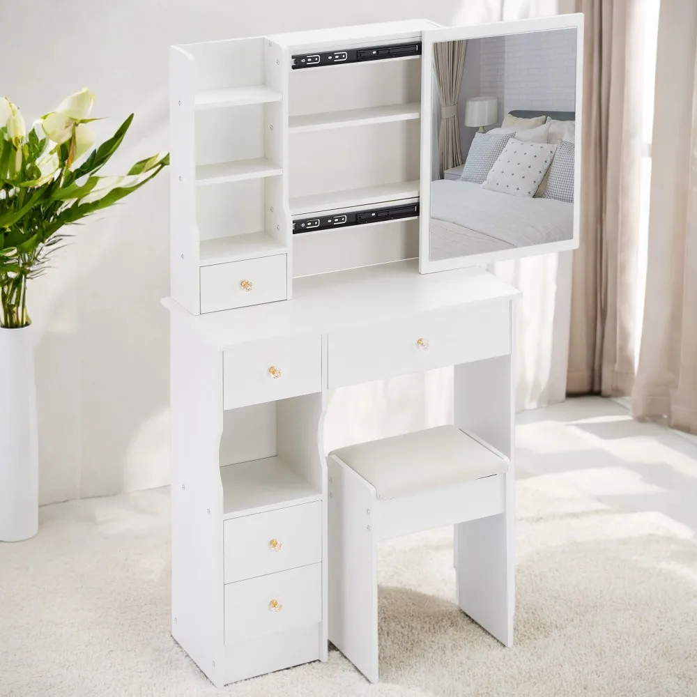 Small Size Left Drawer Desktop Vanity Table + Cushioned Stool, Extra Large Sliding Mirror, Multi Layer, High Capacity Storage Fa