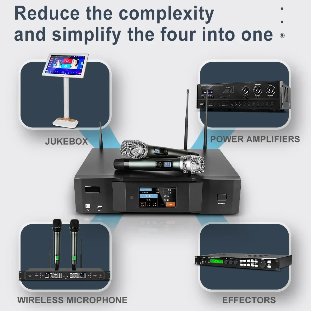 

2026 Biner K450 500W*2 Power Amplifier Digital Touch built in Effect and Jukebox Function with 2 UHF Wireless Handheld Mic