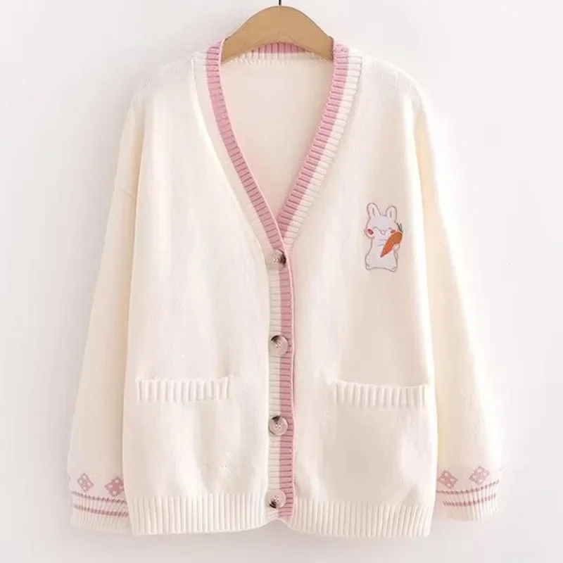 Rabbit Coat Y2K Mori Girl Style Casual Loose Solid Color Funny Cardigan V-Neck Sweater Button Coat Knitted Sweater Set Jeans New