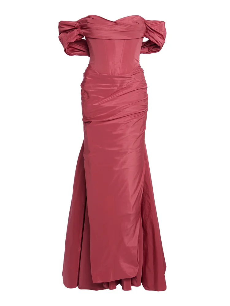 

Hot Selling Off Shoulder Neckline Satin Straight Evening Dress Sexy Open Back Zipper Floor Length Sweep Train Gown For Women