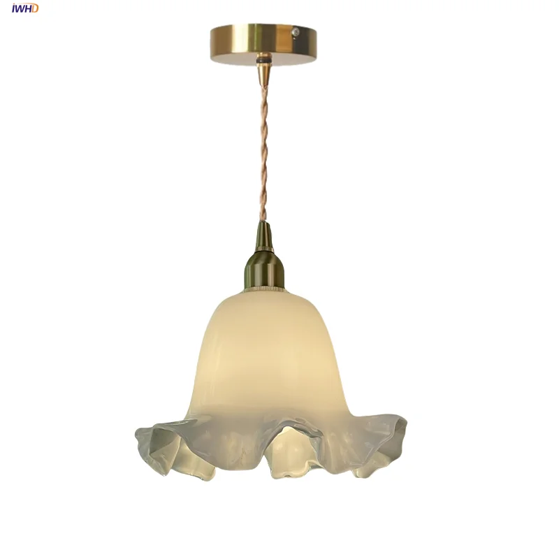 

IWHD Nordic Modern LED Pendant Lights Balcony Dining Room Restaurant Wire Adjustable White Flower Glass Hanging Light Fixtures