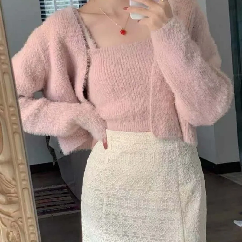 Tender Korean Style Sets Women Hotsweet Knitted Stylish Autumn Cardigans Pure Color Simple Crop Tops Camisoles Elegant Two Piece