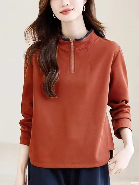 Faionable Loose Casual Hoodie Women's Spring Autumn New Sle Small Size Mom Zipper Collar Top Korean Sle Long Sve
