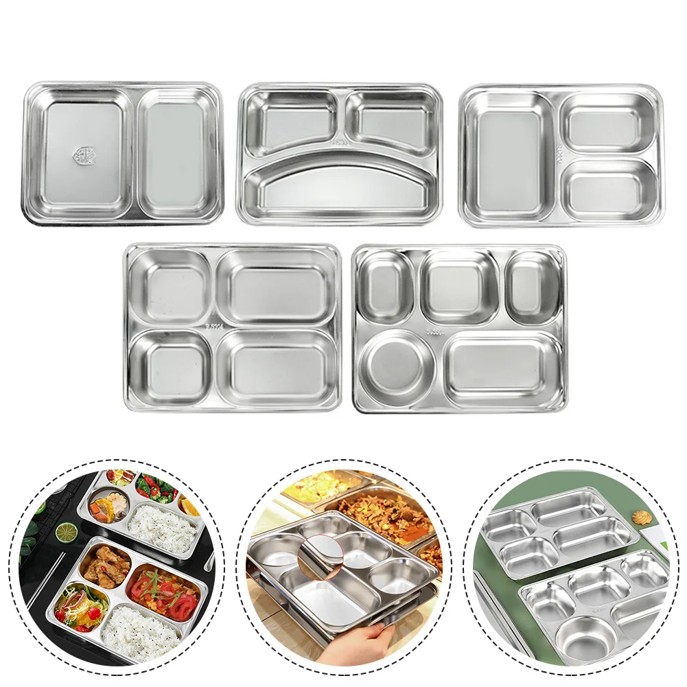 2/3/4/5 Sections Stainless Steel Divided Dinner Tray Lunch Container Food Plate Dinnerware Dinner Plates For School Mess Hall